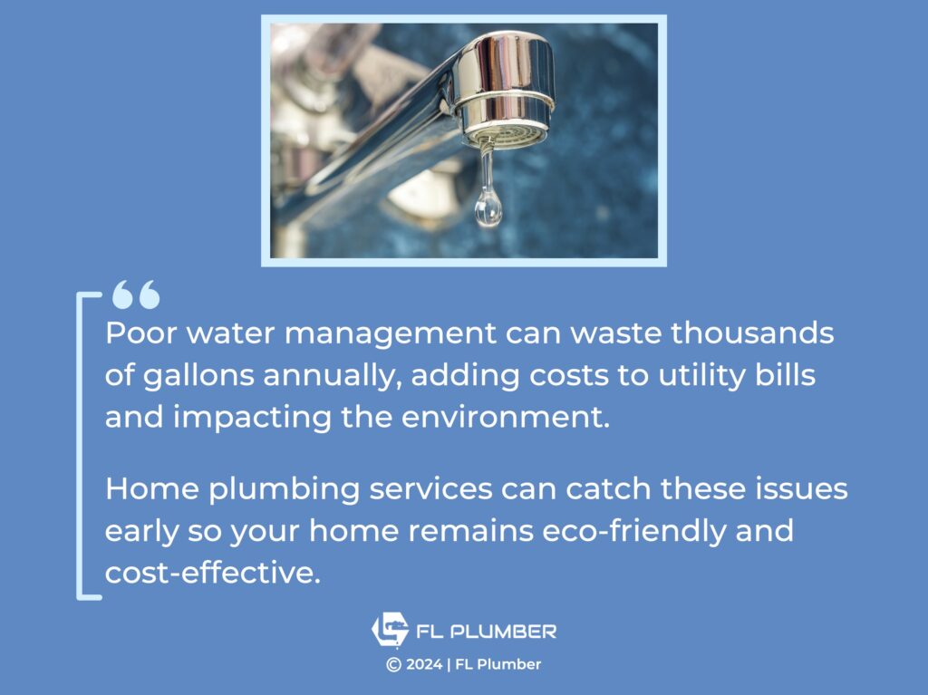 Callout 1: leaky kitchen faucet- quote from text about poor water management & how home plumbing services help prevent issues.