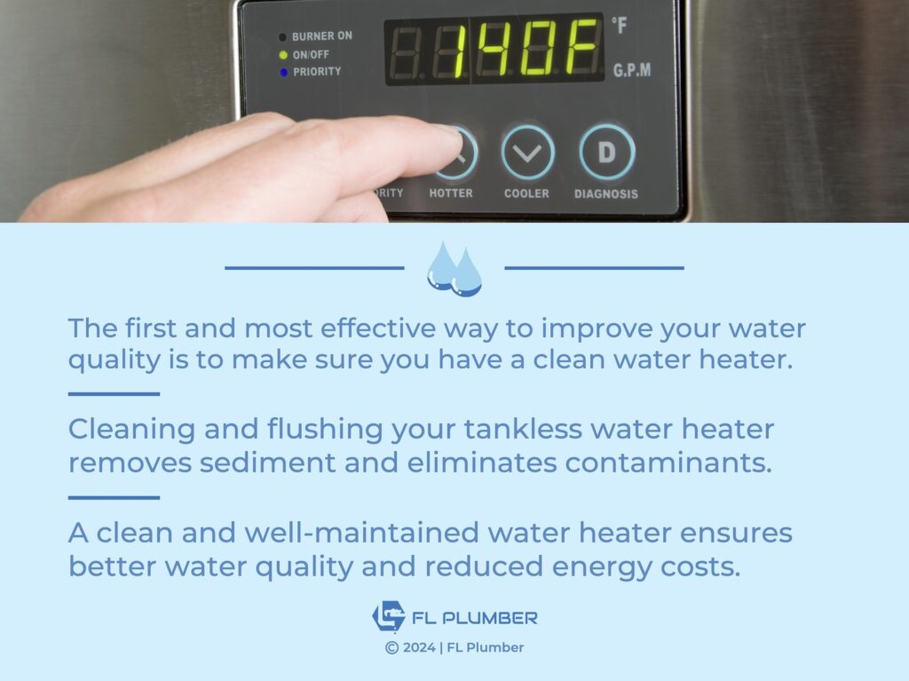 Man adjusting settings on a tankless water heater, highlighting the importance of regular cleaning and maintenance.