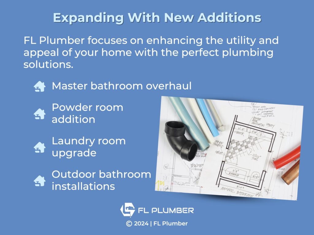 Assorted plumbing parts like pipes and faucets laid out on a blueprint, with text promoting budget-friendly plumbing solutions.