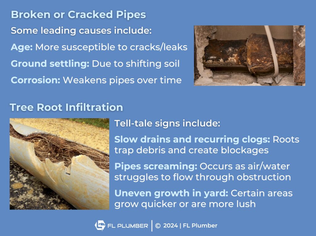 Callout 2: Damaged pipe; split drain pipe- Facts about broken, cracked pipes; tree root infiltration