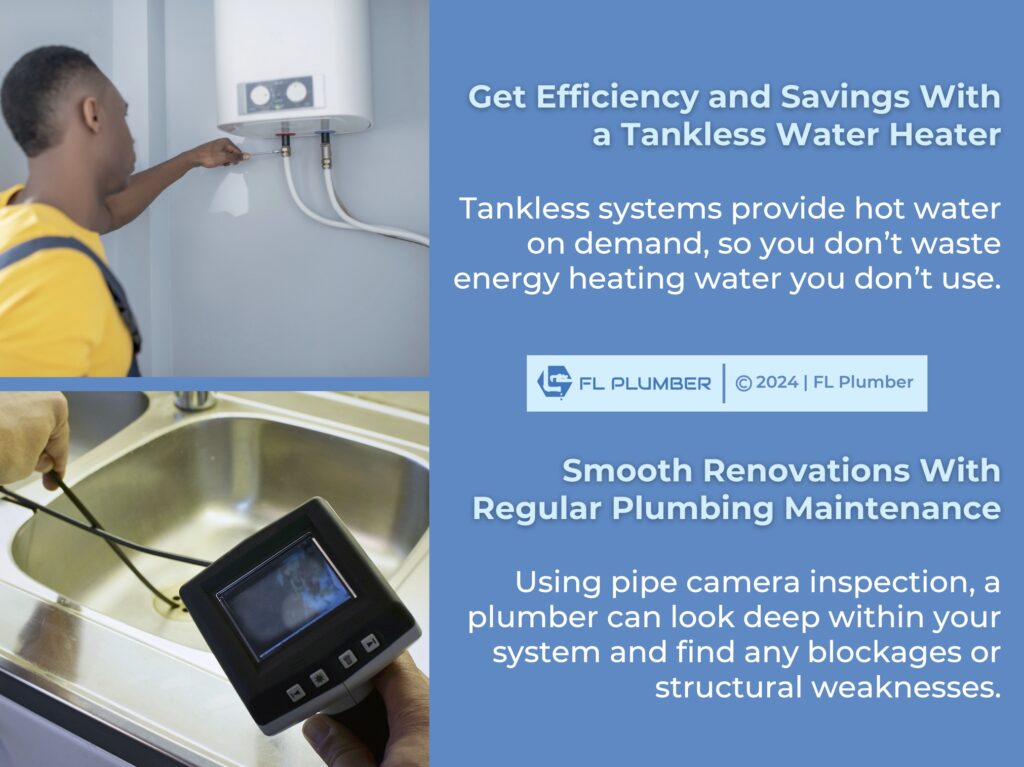 A plumber using a pipe camera inspection tool over a sink, with text regarding regular plumbing maintenance in Tampa.
