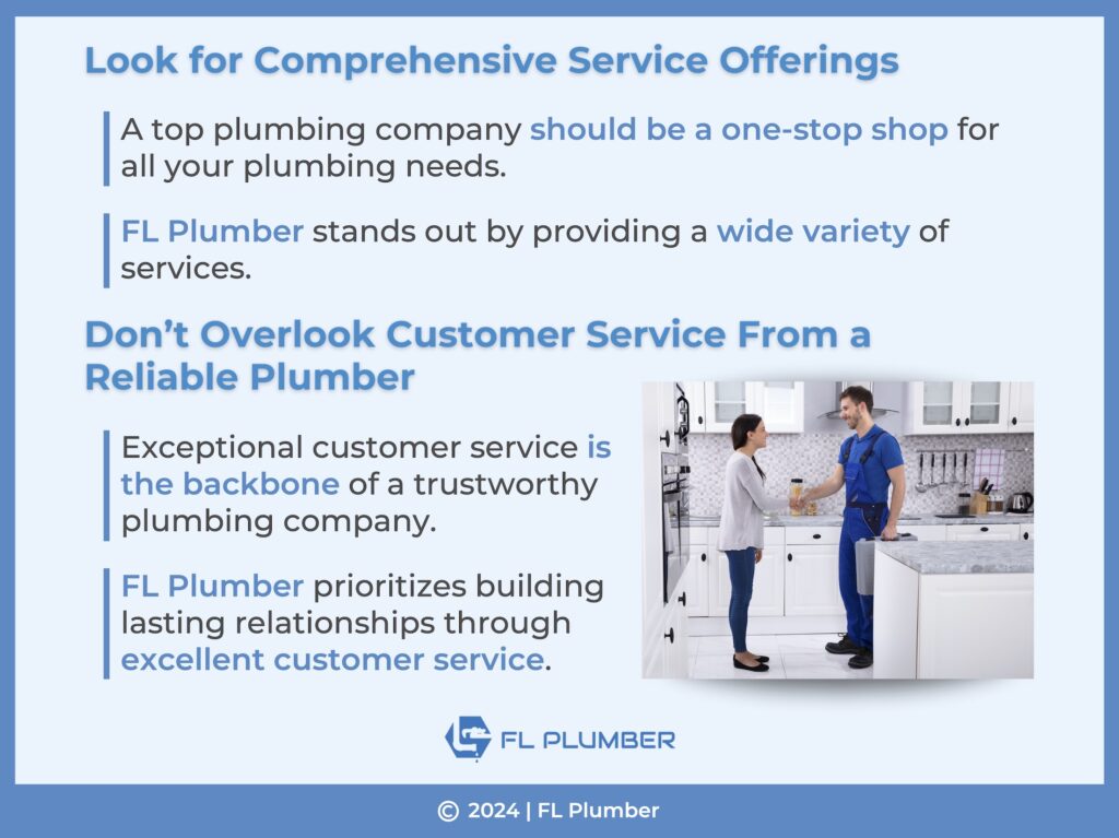 An FL Plumber technician shaking a client's hand, with text to the side detailing what to expect from a top plumbing company.