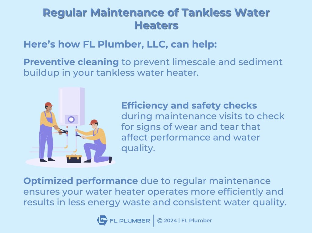 infographic of technicians cleaning and performing efficiency checks on a tankless water heater for optimized performance.