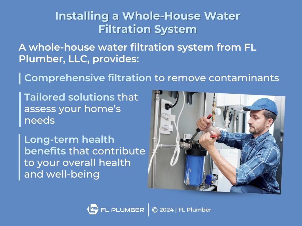 Plumber installing a water filtration system, ensuring comprehensive filtration and tailored solutions for health benefits.